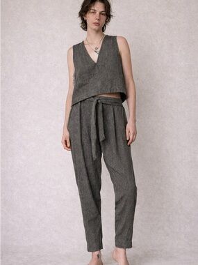 Free People Linen Blend 2pc Set Crop Top Tapered Pants Heathered Grey Size 6